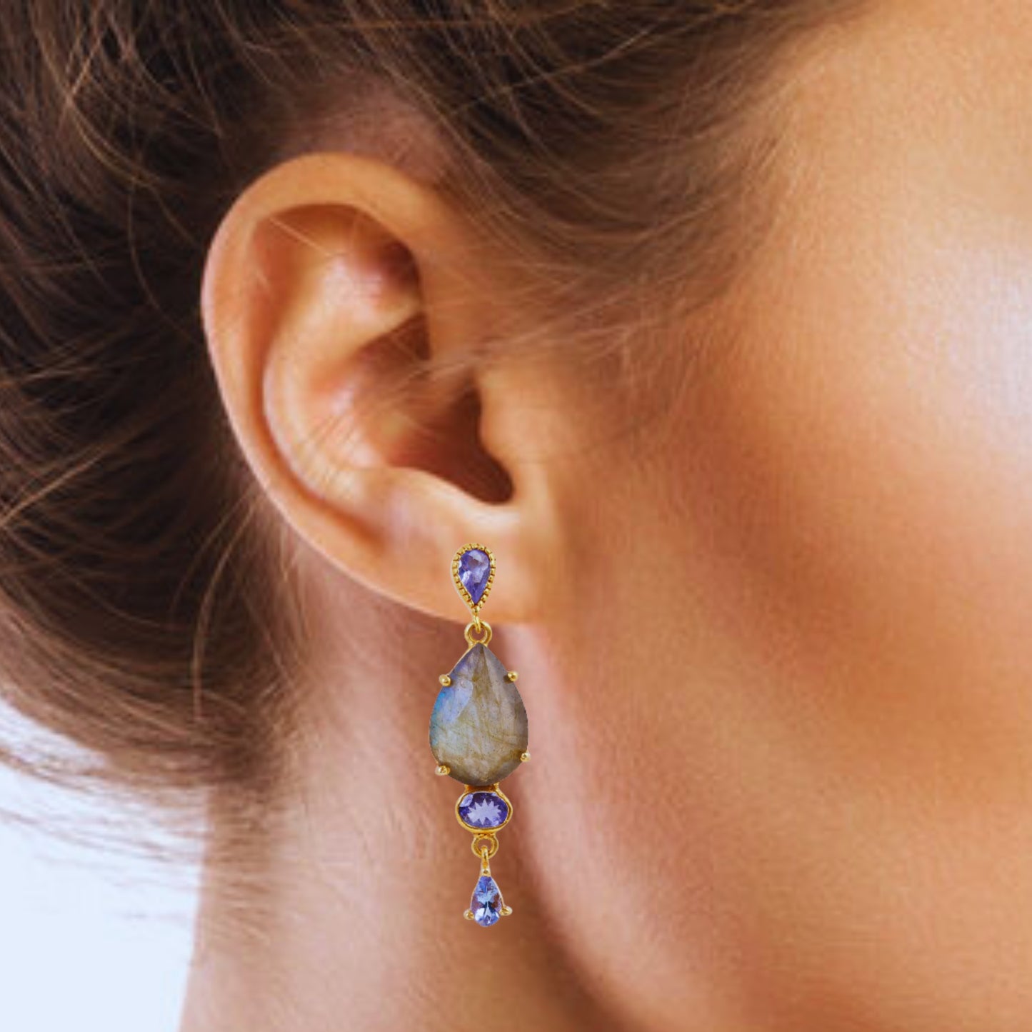 Handcrafted Silver Gold Plated Labradorite / Tanzanite Earring