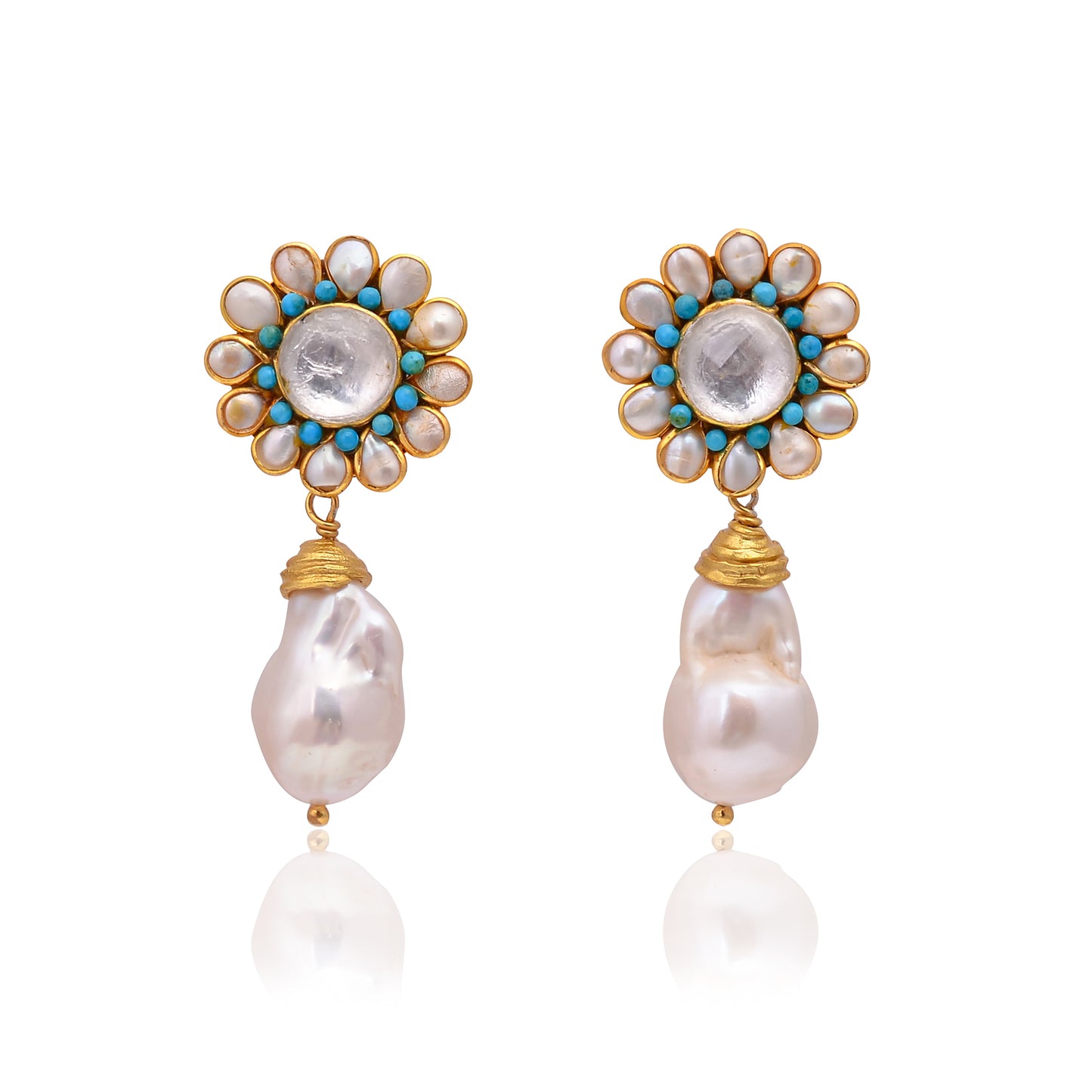 Silver Gold-Plated Crystal, Turquoise & Pearl drop Earring