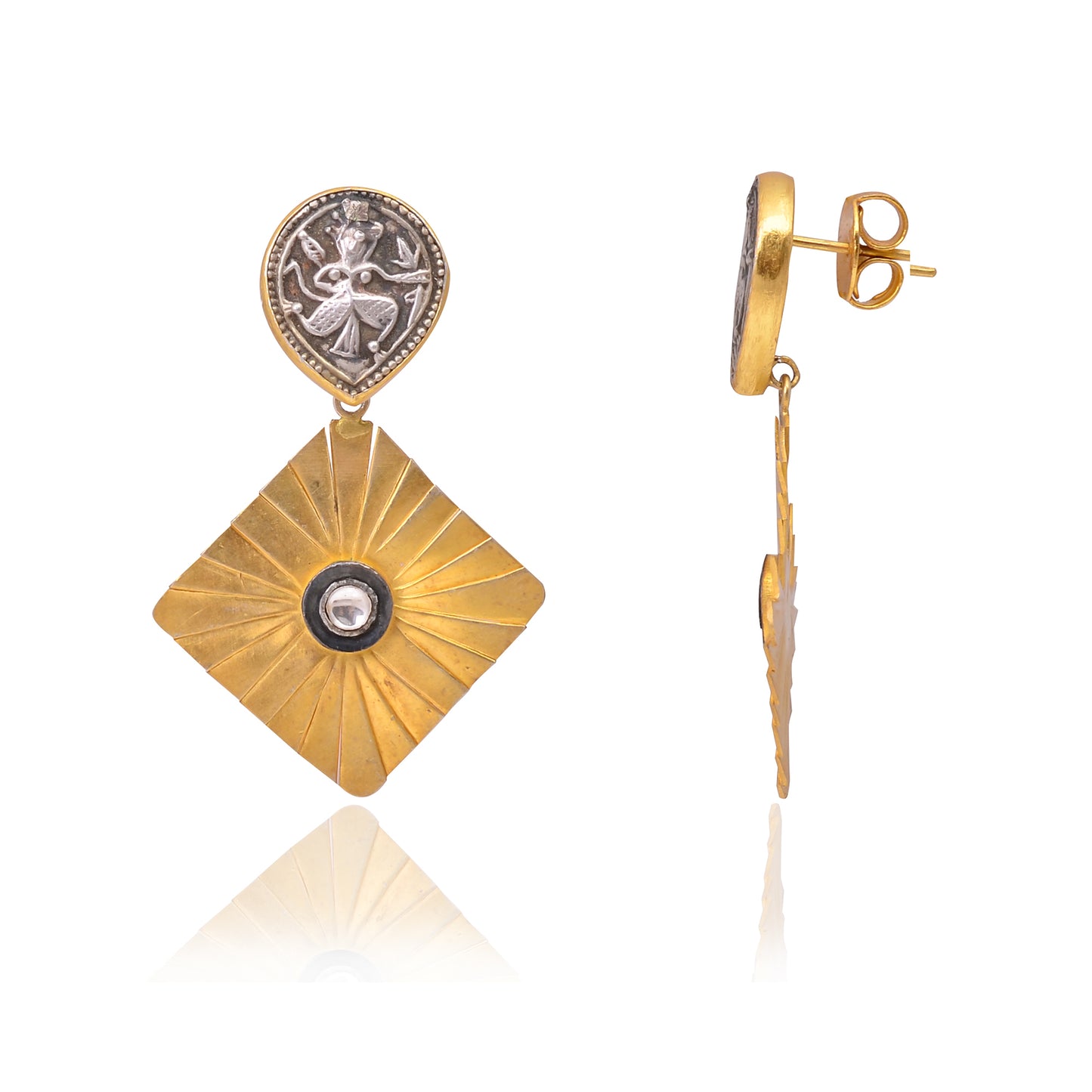 Handcrafted Silver Oxidised Patri with Glass Polki Earring