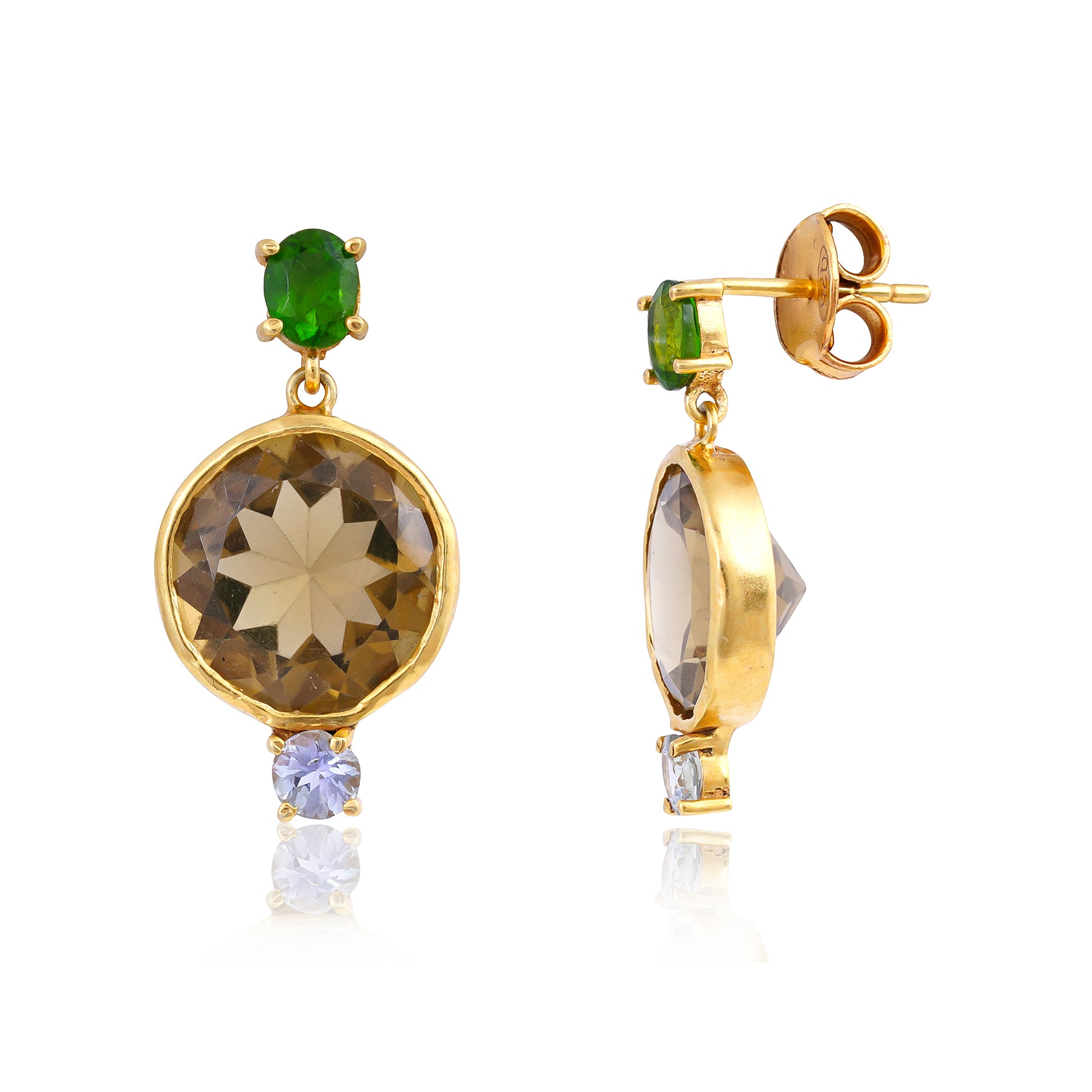 Buy Handcrafted Silver Gold Plated Green Tourmaline / Beer Quartz / Tanzanite Earring
