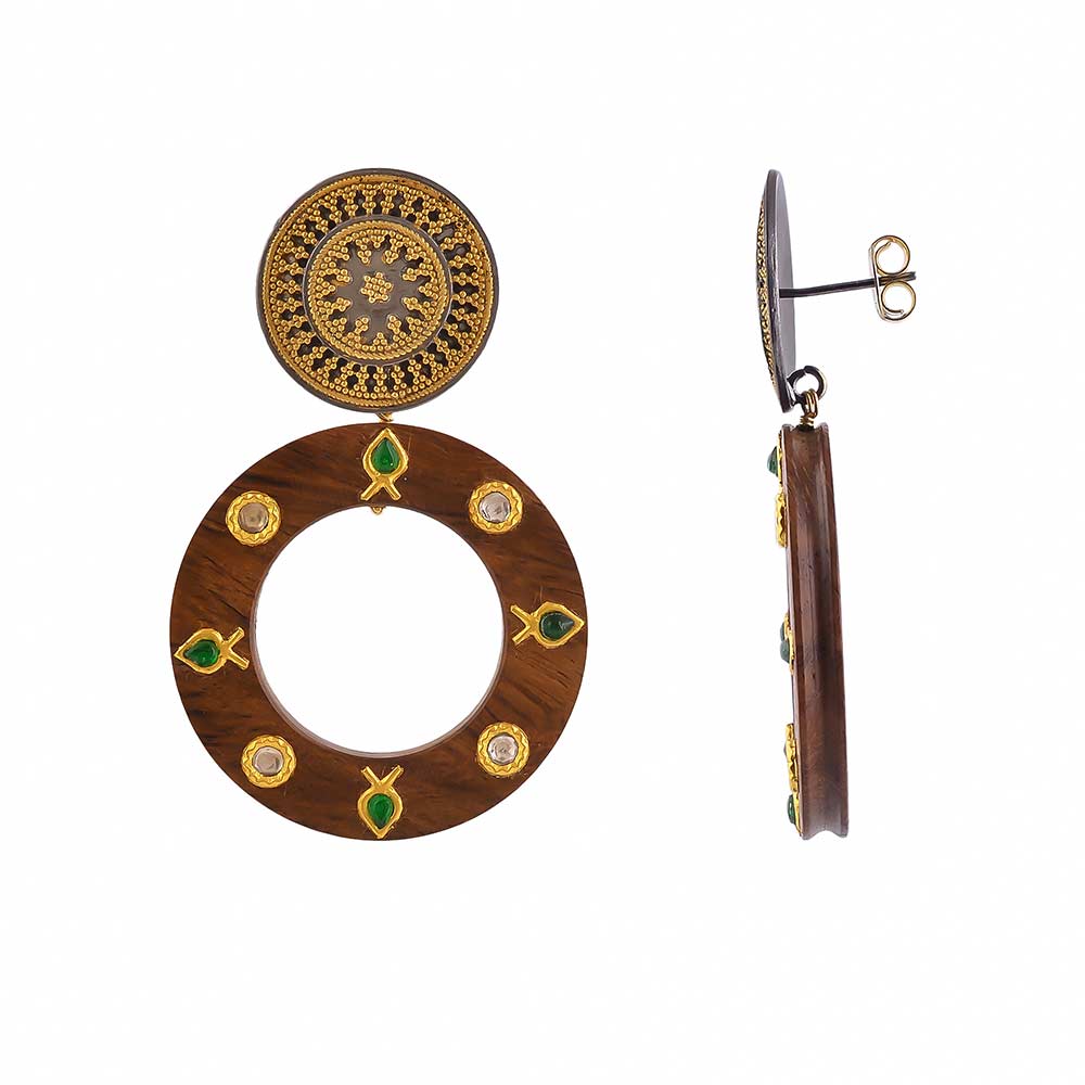 Buy Hand Crafted Silver Gold Black Plated Jadau Wood Earring