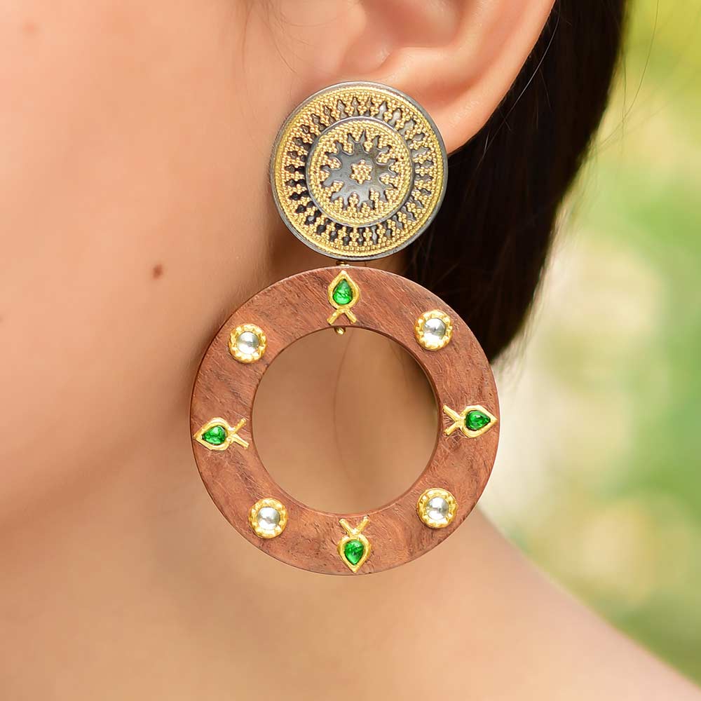 Buy Hand Crafted Silver Gold Black Plated Jadau Wood Earring