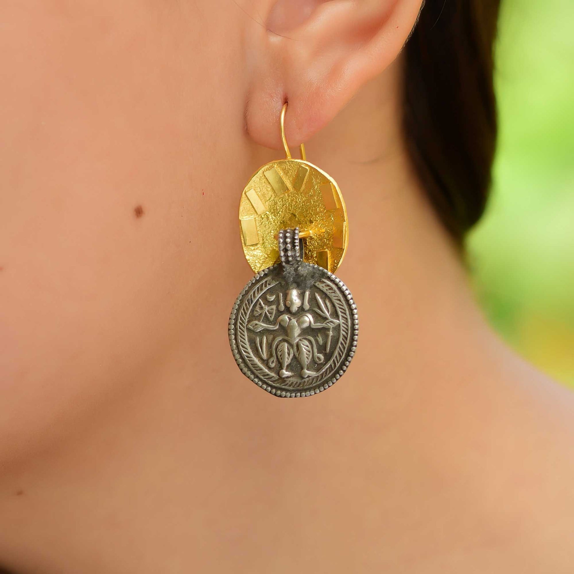 Buy Hand Crafted Silver Gold Texture Sheet Oxidised Patri Earring