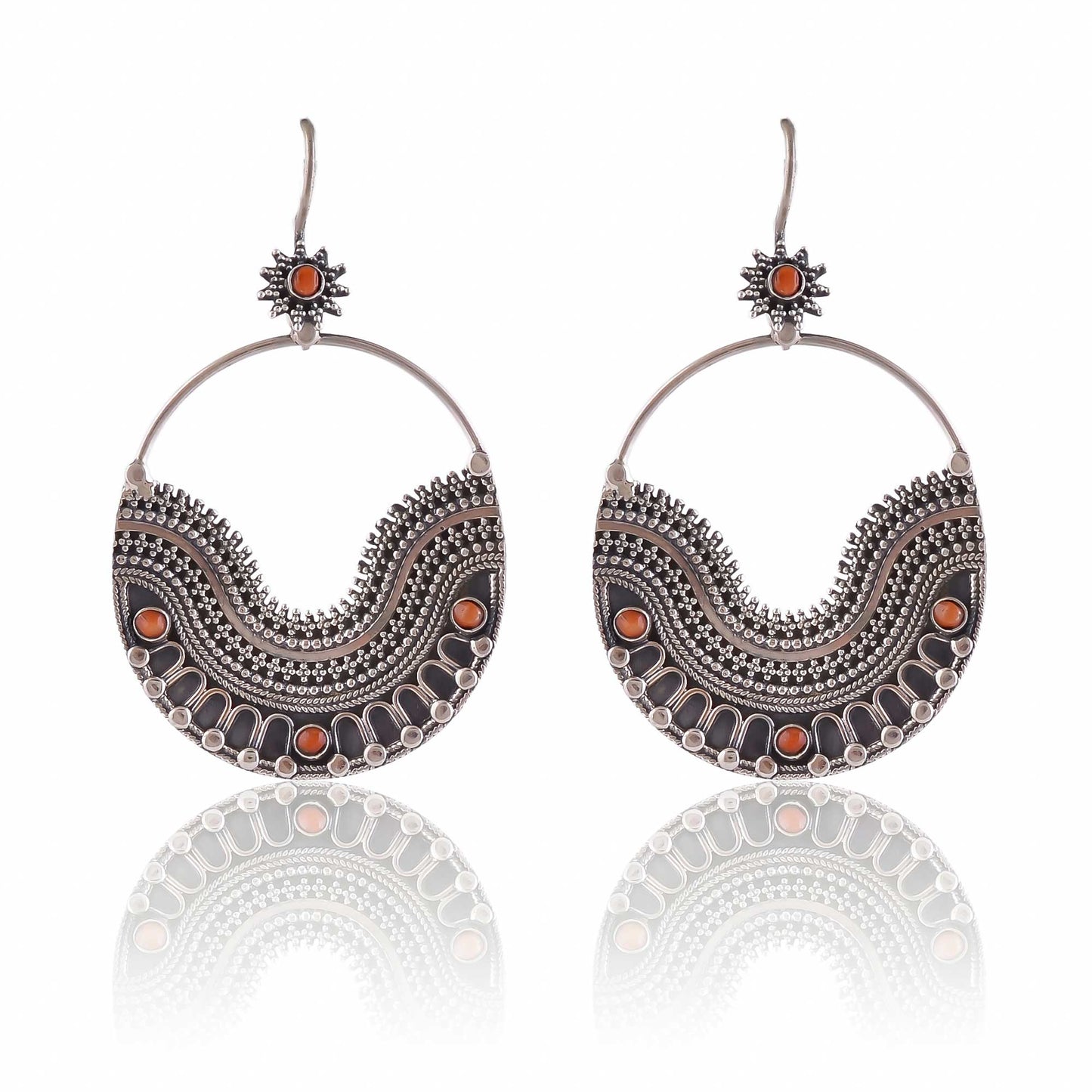 Buy Hand Crafted Silver Oxidised Plated Coral Earring