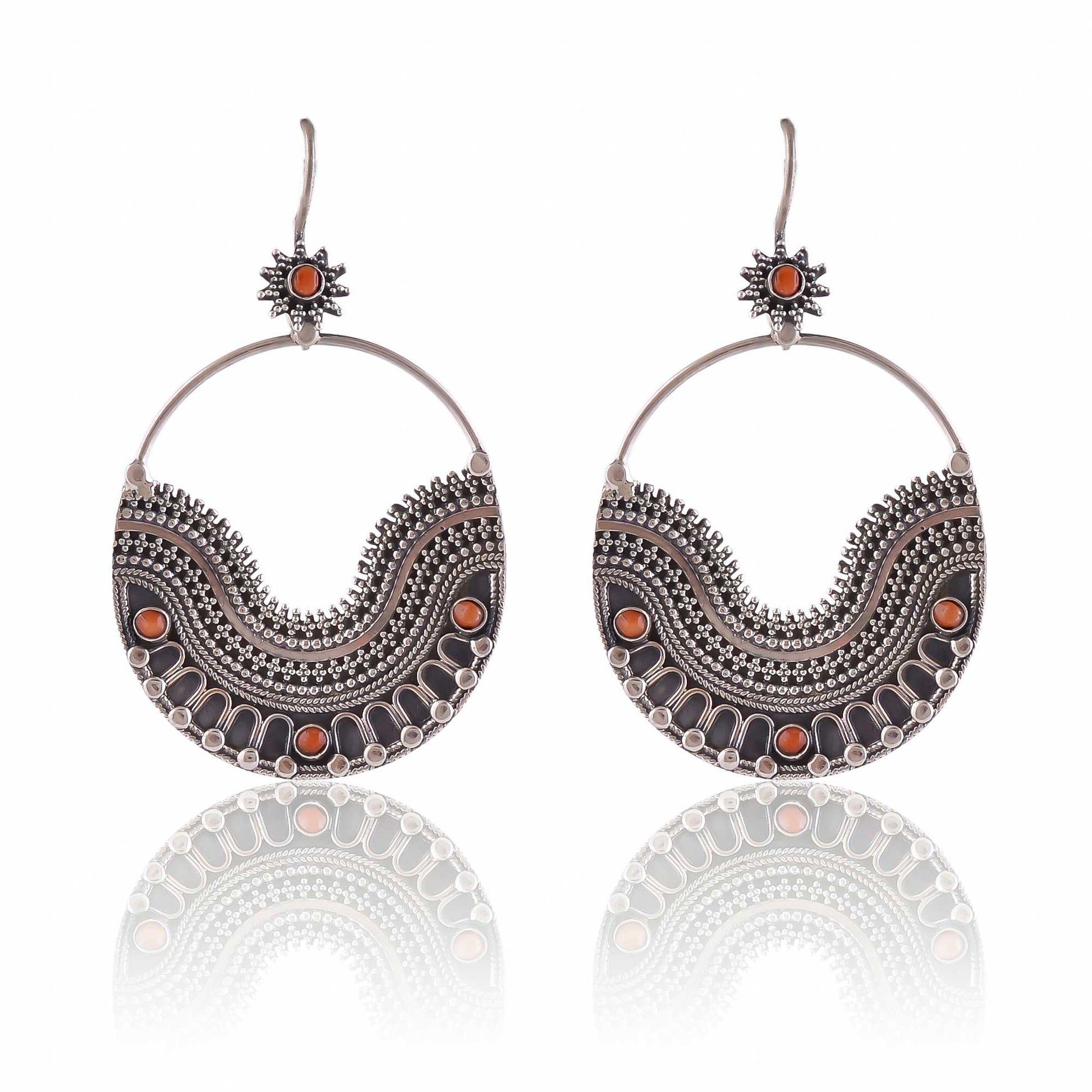 Buy Hand Crafted Silver Oxidised Plated Coral Earring